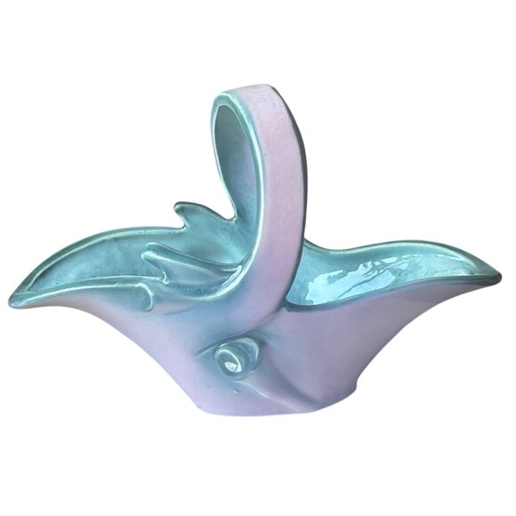 Hull Turquoise Pink Ceramic Basket With Handle Vintage Collectible #56 Gift MCM - Picture 5 of 8